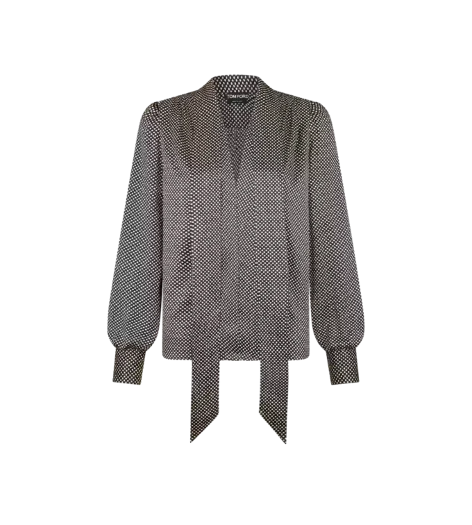 Blusa de seda con cuello en V y lavalier de manga larga Blusa de seda con cuello en V y lavalier de manga larga