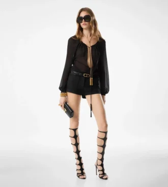 Blusa de seda de manga larga con cordones