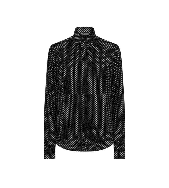 Camisa de crepé de seda con lunares y plastrón plisado Camisa de crepé de seda con lunares y plastrón plisado