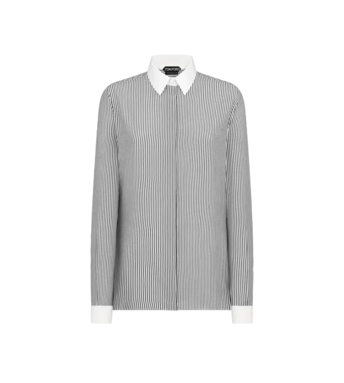 Camisa de seda a rayas con detalles en contraste Camisa de seda a rayas con detalles en contraste