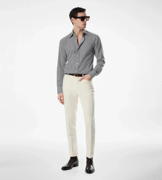 Camisa slim fit de seda y algodón a rayas Camisa slim fit de seda y algodón a rayas