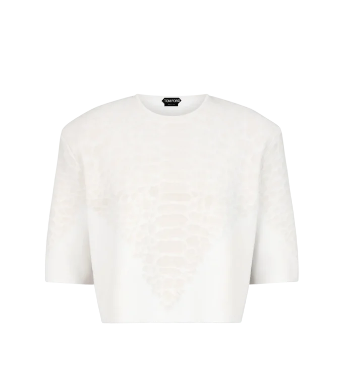 Camiseta de cuello redondo de merino y cachemira con detalle de pitón en relieve de chenilla de seda Camiseta de cuello redondo de merino y cachemira con detalle de pitón en relieve de chenilla de seda