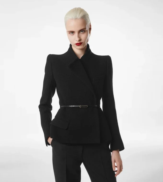 Chaqueta cruzada compacta de bouclé elástico Chaqueta cruzada compacta de bouclé elástico