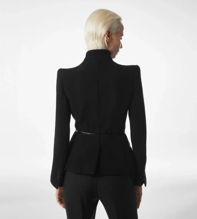 Chaqueta cruzada compacta de bouclé elástico Chaqueta cruzada compacta de bouclé elástico