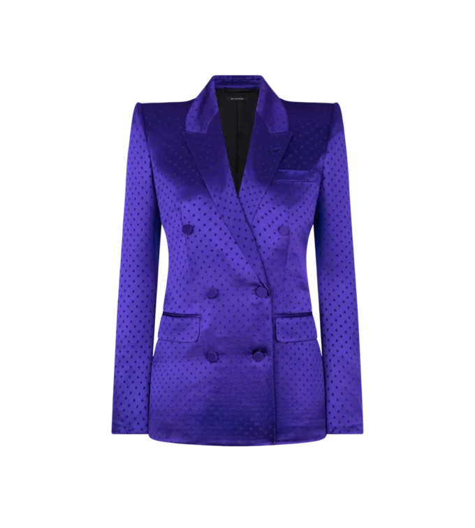 Chaqueta cruzada con solapas en pico y jacquard de lunares Chaqueta cruzada con solapas en pico y jacquard de lunares