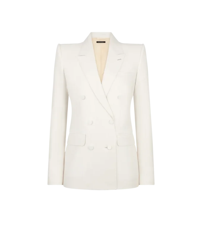 Chaqueta cruzada de lana y seda con rayas sombreadas y solapas en pico Chaqueta cruzada de lana y seda con rayas sombreadas y solapas en pico