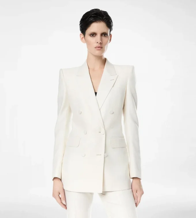 Chaqueta cruzada de lana y seda con rayas sombreadas y solapas en pico Chaqueta cruzada de lana y seda con rayas sombreadas y solapas en pico
