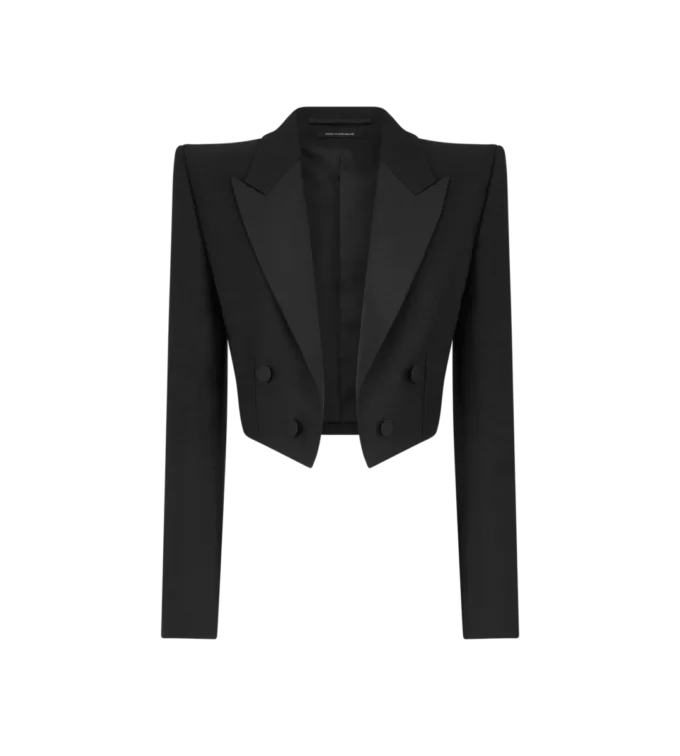 Chaqueta de esmoquin corta de doble botonadura en mezcla de lana y seda Chaqueta de esmoquin corta de doble botonadura en mezcla de lana y seda