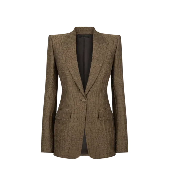 Chaqueta de un solo pecho con solapas en pico y jacquard de cocodrilo Chaqueta de un solo pecho con solapas en pico y jacquard de cocodrilo