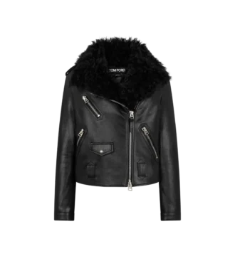 Chaqueta motera asimétrica de piel con borreguillo Chaqueta motera asimétrica de piel con borreguillo