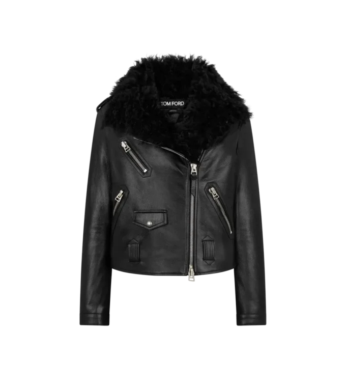 Chaqueta motera asimétrica de piel con borreguillo Chaqueta motera asimétrica de piel con borreguillo