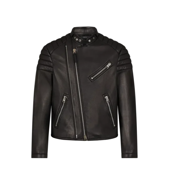 Chaqueta motera con cremallera de piel granulada Chaqueta motera con cremallera de piel granulada
