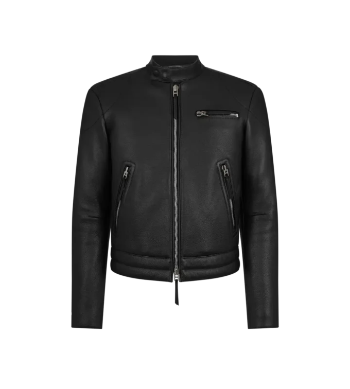 Chaqueta motera con cremallera de piel granulada Chaqueta motera con cremallera de piel granulada