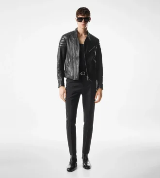 Chaqueta motera con cremallera de piel granulada