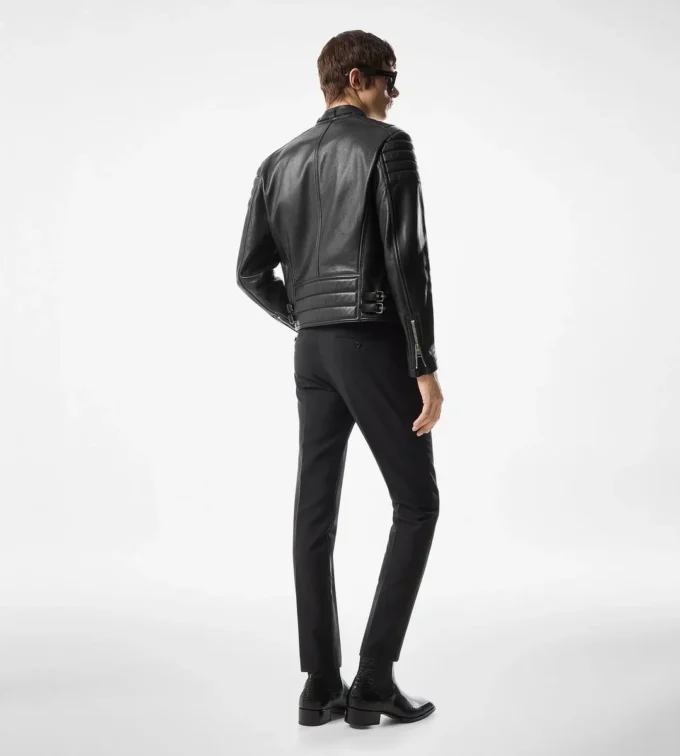 Chaqueta motera con cremallera de piel granulada Chaqueta motera con cremallera de piel granulada
