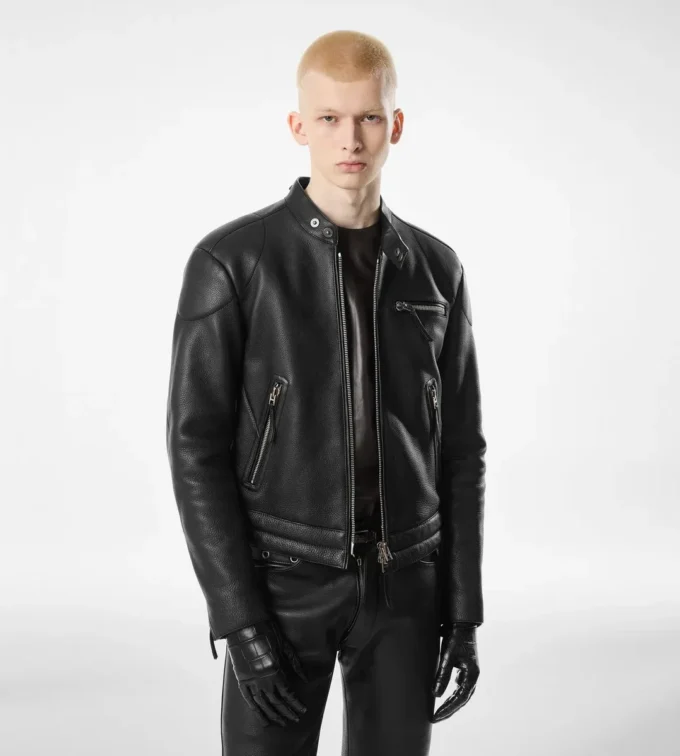 Chaqueta motera con cremallera de piel granulada Chaqueta motera con cremallera de piel granulada