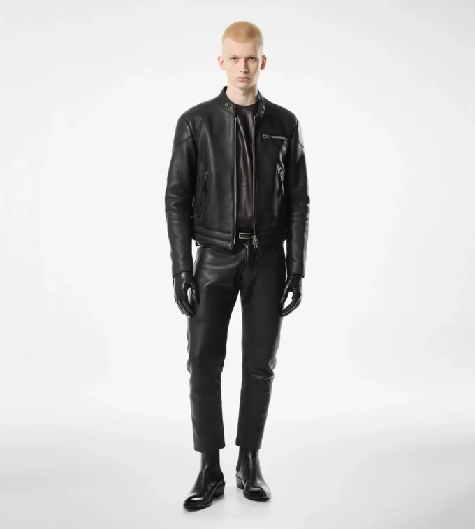 Chaqueta motera con cremallera de piel granulada Chaqueta motera con cremallera de piel granulada