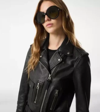 Chaqueta motera de piel plonge brillante