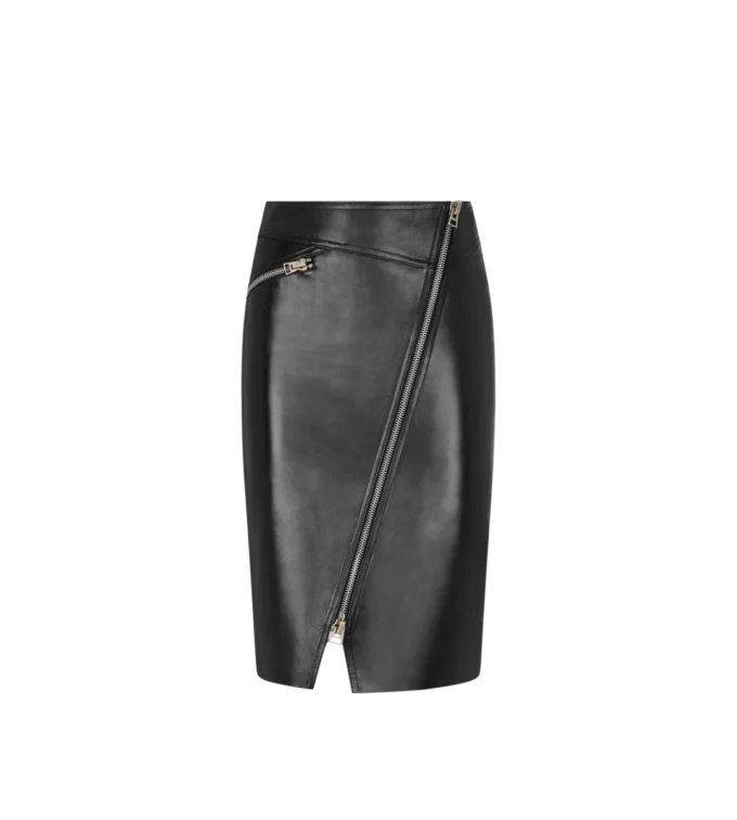 Falda de cuero con cremallera diagonal hasta la rodilla Falda de cuero con cremallera diagonal hasta la rodilla