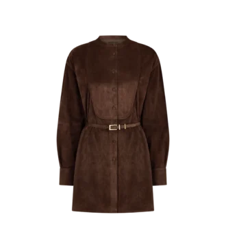 Mini vestido camisero con cinturón y plastrón de ante de cordero de grano completo