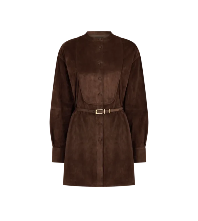 Mini vestido camisero con cinturón y plastrón de ante de cordero de grano completo