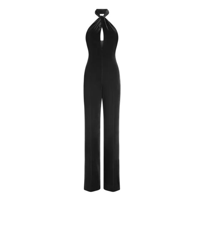 Mono de terciopelo con cuello halter y detalle retorcido en la parte delantera