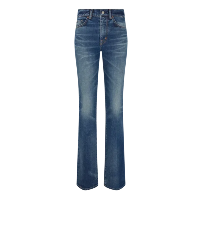 Pantalones acampanados de denim elástico sin tratar