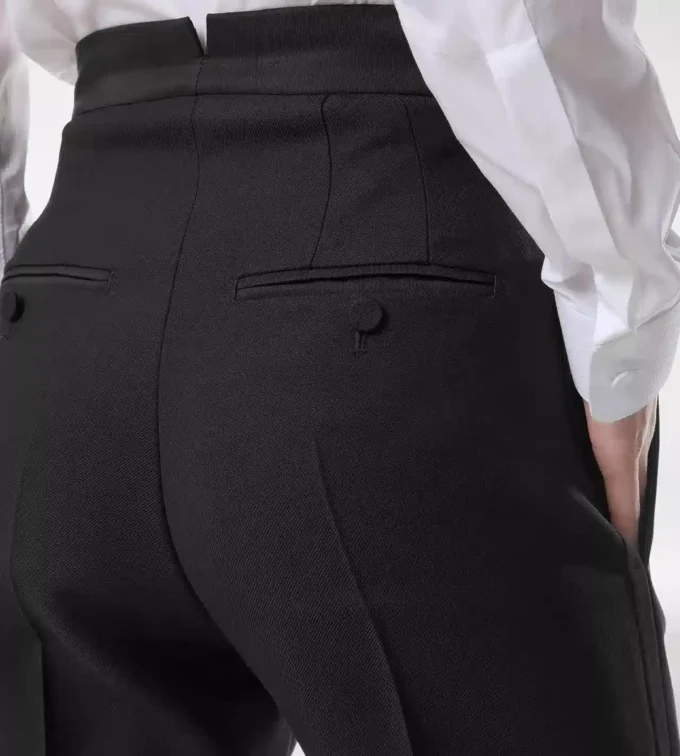 Pantalones de esmoquin de cintura alta de mezcla de lana y seda Pantalones de esmoquin de cintura alta de mezcla de lana y seda