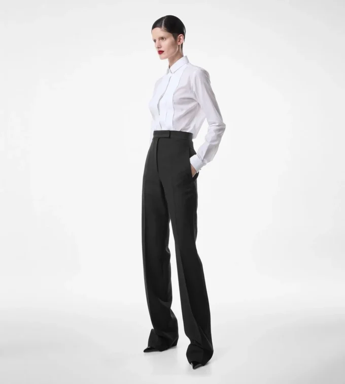 Pantalones de esmoquin de cintura alta de mezcla de lana y seda Pantalones de esmoquin de cintura alta de mezcla de lana y seda