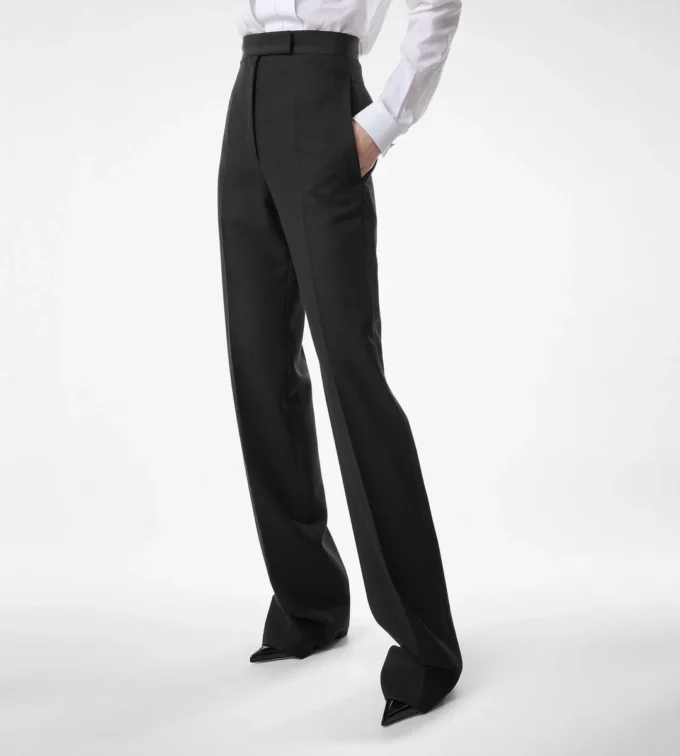 Pantalones de esmoquin de cintura alta de mezcla de lana y seda Pantalones de esmoquin de cintura alta de mezcla de lana y seda