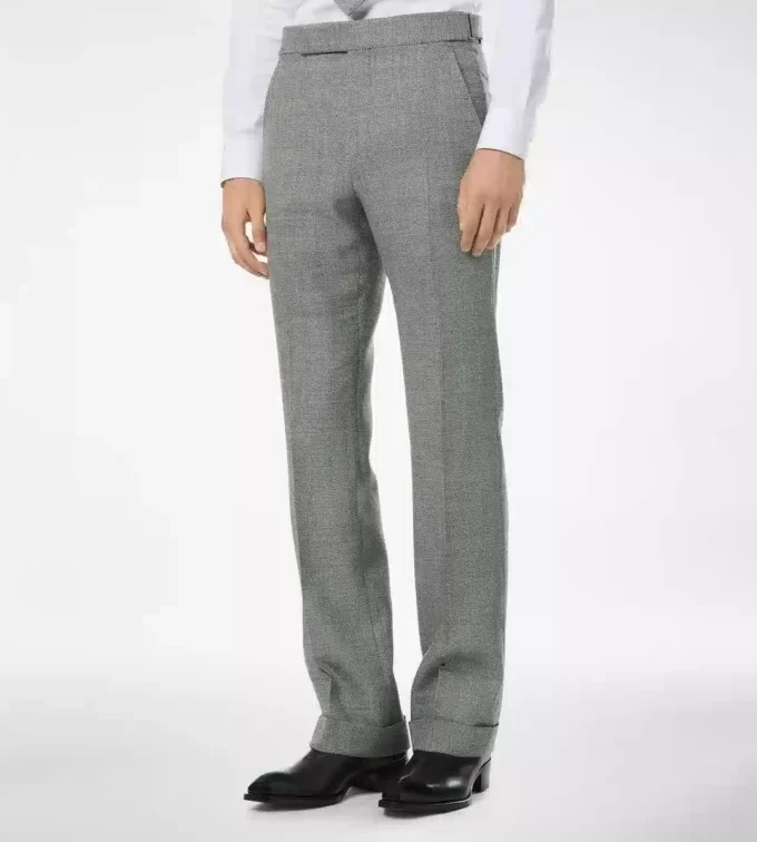 Pantalones de lana, seda y lino con tejido Sharkskin Pantalones de lana, seda y lino con tejido Sharkskin