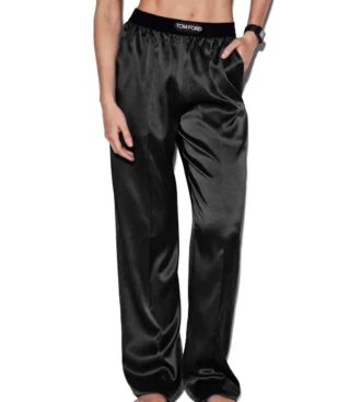 Pantalones de pijama de satén de seda elástico