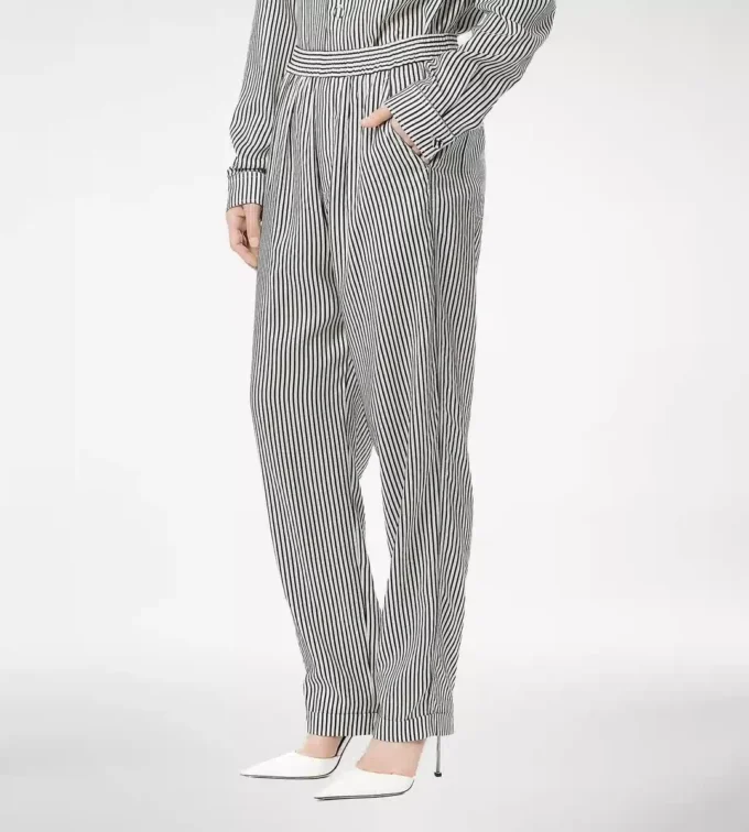 Pantalones de pijama de seda a rayas con ribetes Pantalones de pijama de seda a rayas con ribetes