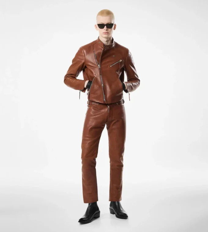 Pantalones moteros de piel de búfalo granulada Pantalones moteros de piel de búfalo granulada
