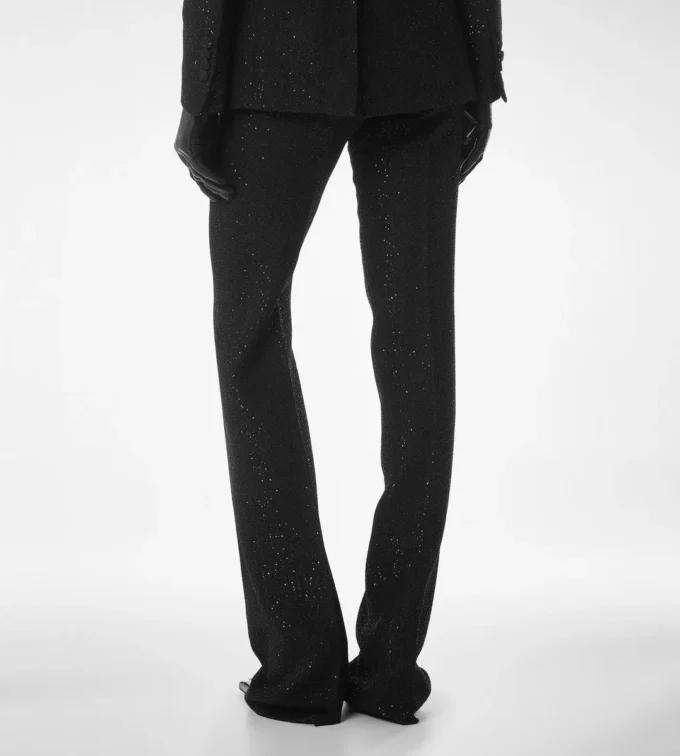 Pantalones rectos entallados de crepé de mezcla de lana con lentejuelas Pantalones rectos entallados de crepé de mezcla de lana con lentejuelas