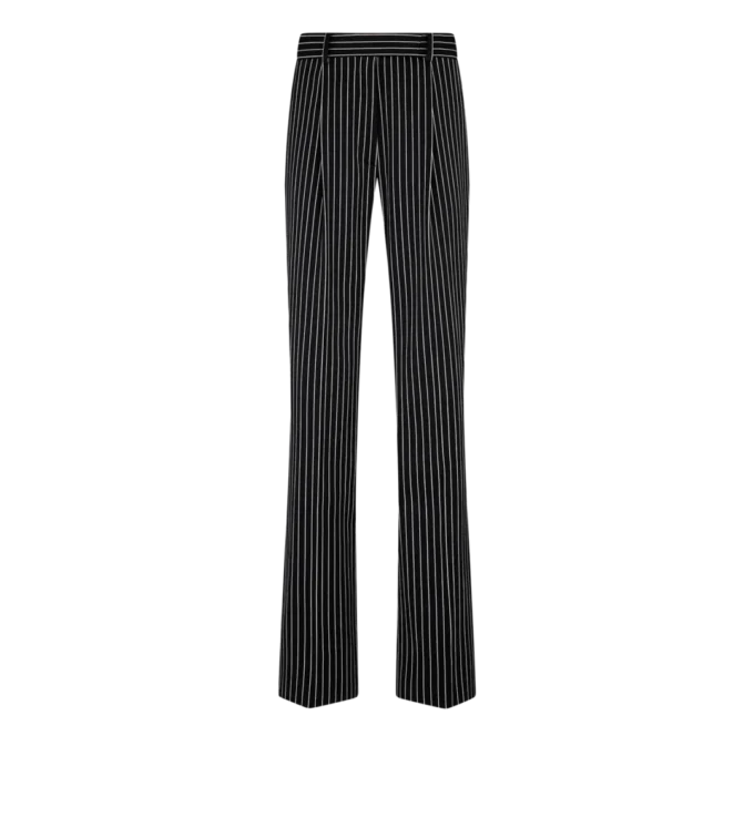 Pantalones rectos relajados con pliegues de lana y algodón a rayas Barathea Pantalones rectos relajados con pliegues de lana y algodón a rayas Barathea