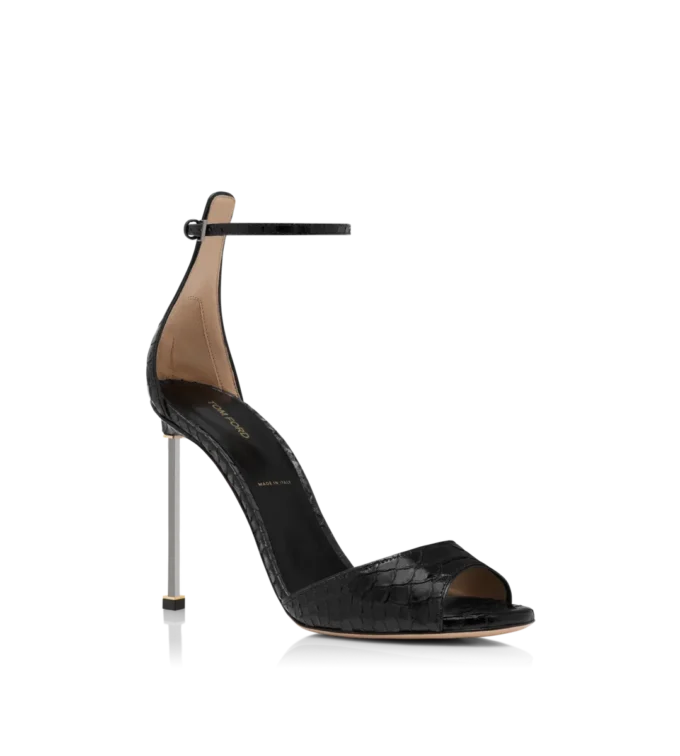 Sandalias con tiras al tobillo y estampado de pitón semibrillante