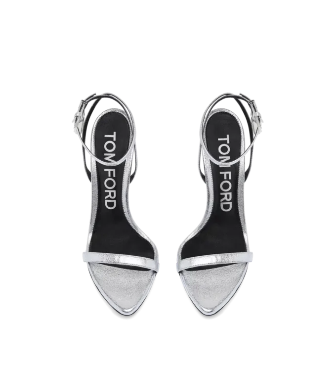 Sandalias puntiagudas sin talón con candado de piel napa laminada Sandalias puntiagudas sin talón con candado de piel napa laminada
