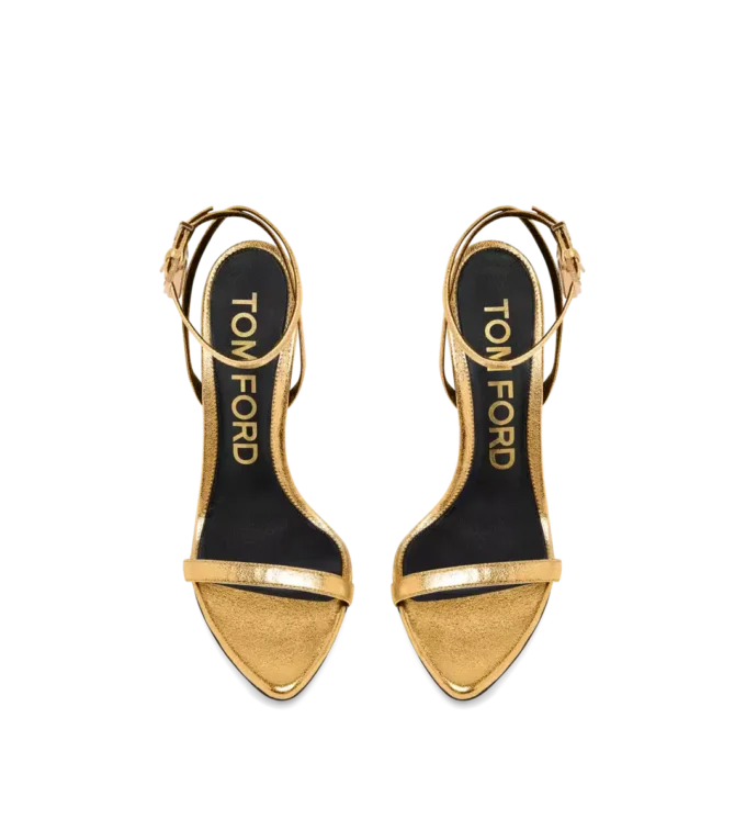 Sandalias puntiagudas sin talón con candado de piel napa laminada Sandalias puntiagudas sin talón con candado de piel napa laminada