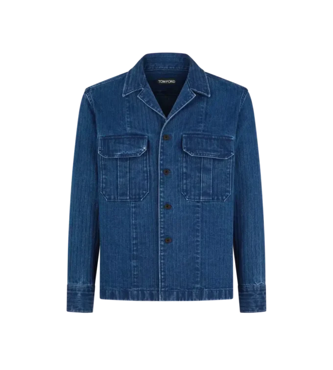 Sobrecamisa de denim con diseño en espiga Sobrecamisa de denim con diseño en espiga