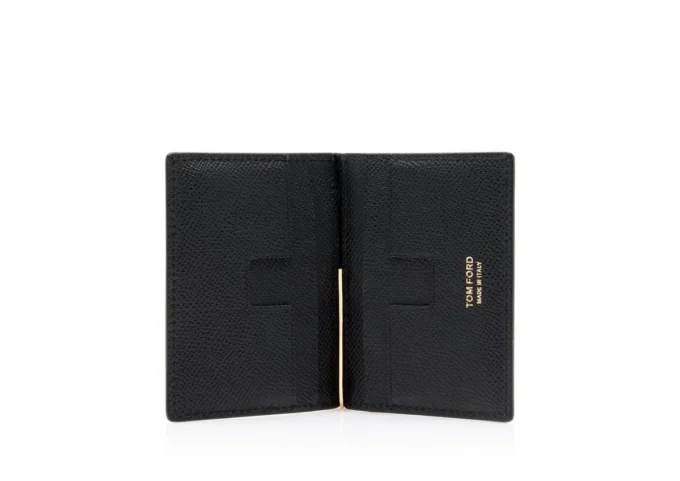 Tarjetero plegable con clip para billetes de piel de grano fino Tarjetero plegable con clip para billetes de piel de grano fino