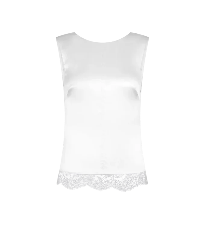 Top de seda sin mangas con espalda en V e inserciones de encaje Top de seda sin mangas con espalda en V e inserciones de encaje