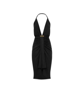Vestido de cóctel con cuello en V y detalle drapeado en cascada en la parte delantera
