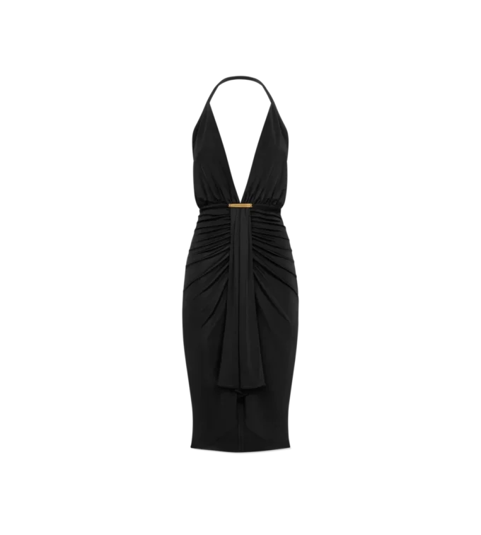 Vestido de cóctel con cuello en V y detalle drapeado en cascada en la parte delantera Vestido de cóctel con cuello en V y detalle drapeado en cascada en la parte delantera