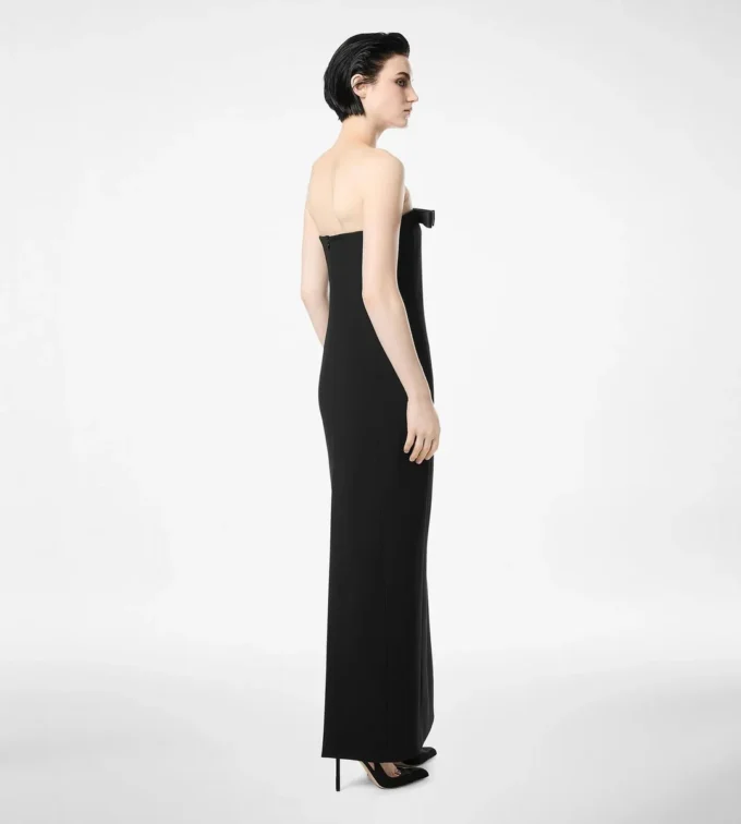 Vestido de cóctel sin tirantes de crepé pesado y satén Envers con detalle de lazo Vestido de cóctel sin tirantes de crepé pesado y satén Envers con detalle de lazo