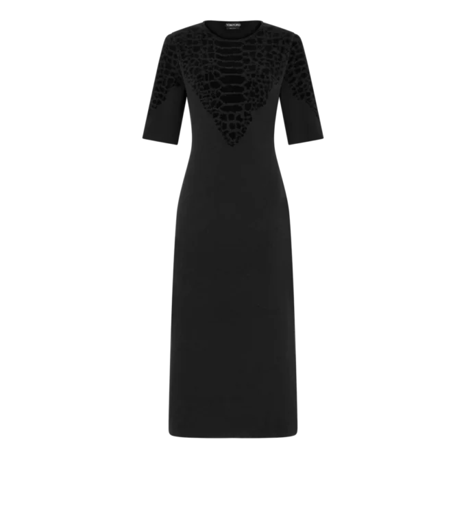 Vestido de cuello redondo de seda chenilla con relieve de pitón Vestido de cuello redondo de seda chenilla con relieve de pitón