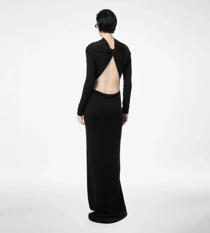 Vestido de noche asimétrico de manga larga con espalda retorcida Vestido de noche asimétrico de manga larga con espalda retorcida
