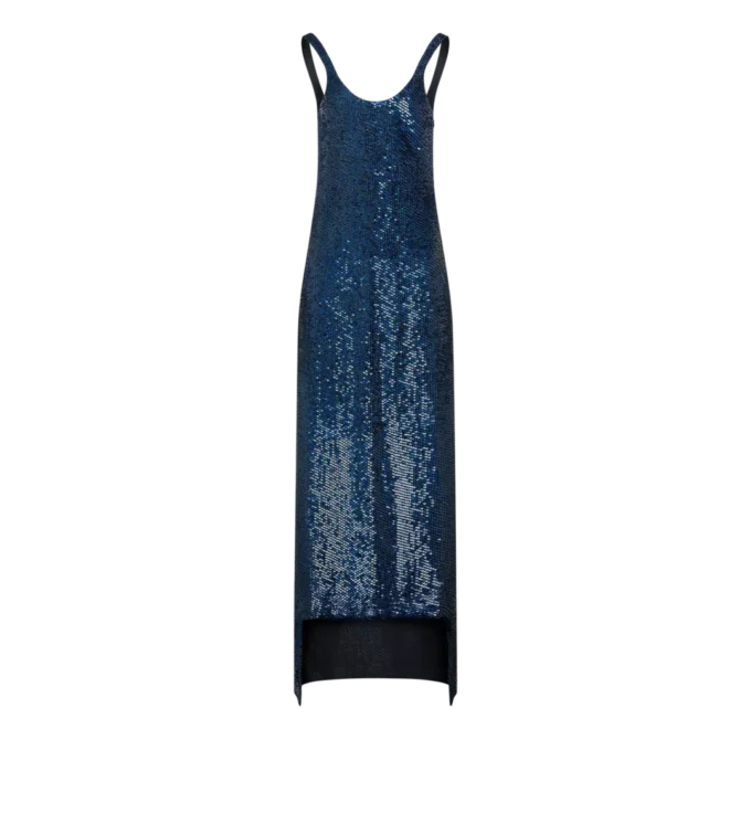 Vestido de noche asimétrico sin mangas de seda bordado con lentejuelas Vestido de noche asimétrico sin mangas de seda bordado con lentejuelas