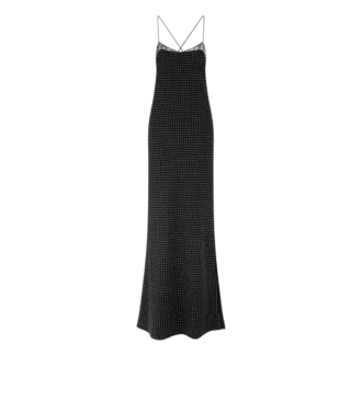 Vestido de noche camisola de crepé de seda con lunares y detalles de encaje