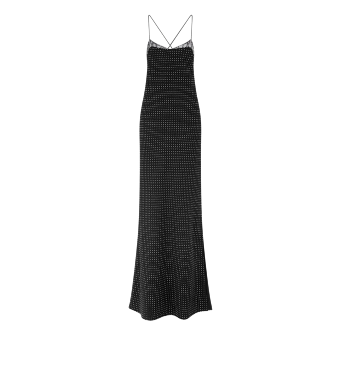 Vestido de noche camisola de crepé de seda con lunares y detalles de encaje Vestido de noche camisola de crepé de seda con lunares y detalles de encaje